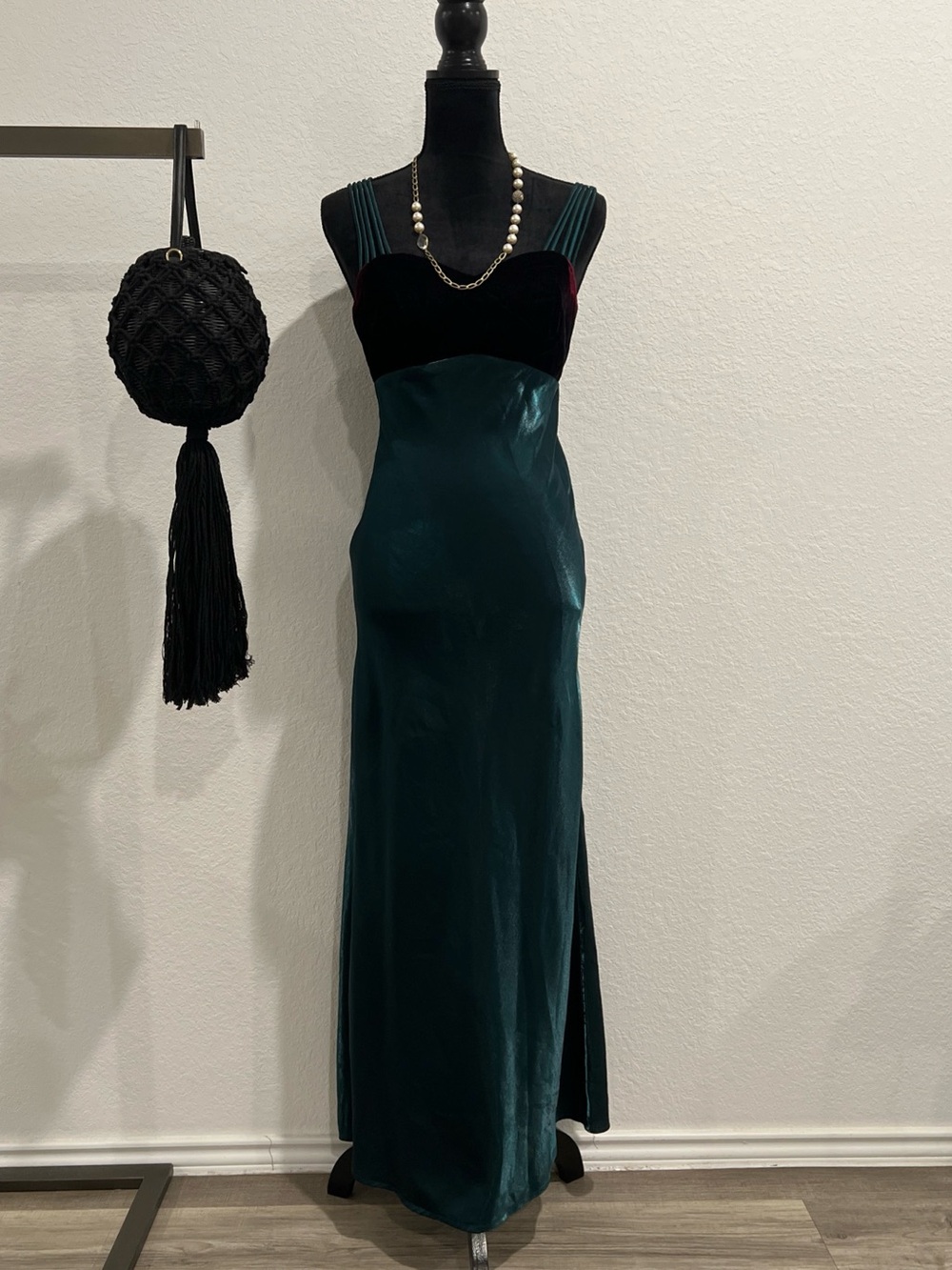 All That Jazz Teal Satin and Black Velvet Maxi Dress